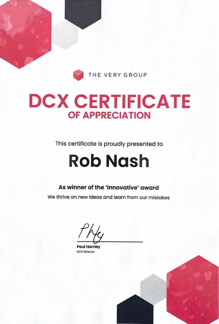 The Very Group DCX Certificate of Appreciation, ‘Innovative’ award, 2022