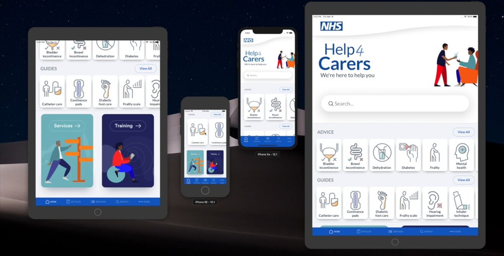 Help 4 Carers running on an iPad, two iPhones and an iPad Pro, under the NHS mark