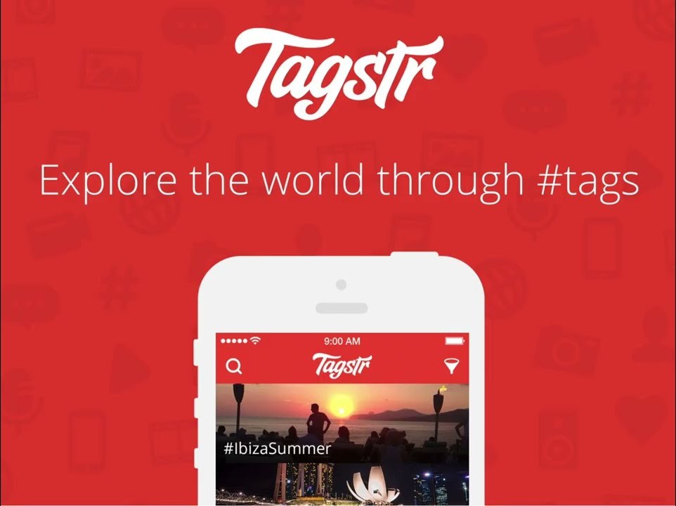 Tagstr promotional still: “Explore the world through #tags”, with the app’s feed on an iPhone
